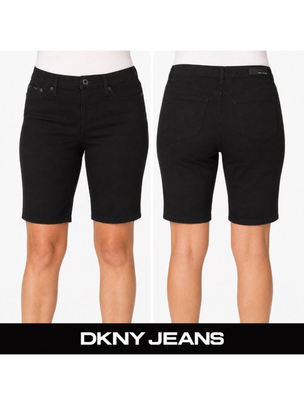 DKNY Jeans Shorts Women's 10 Black Bermuda Denim Stretch Knee Length Casual